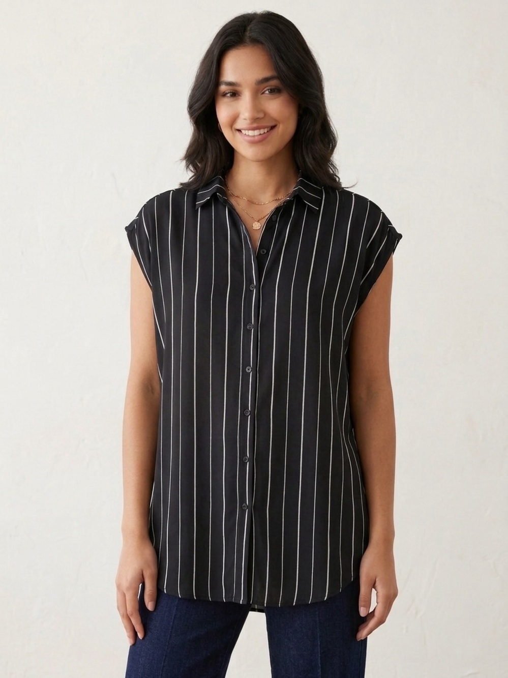 Black Vertical-Stripe Button Front Blouse